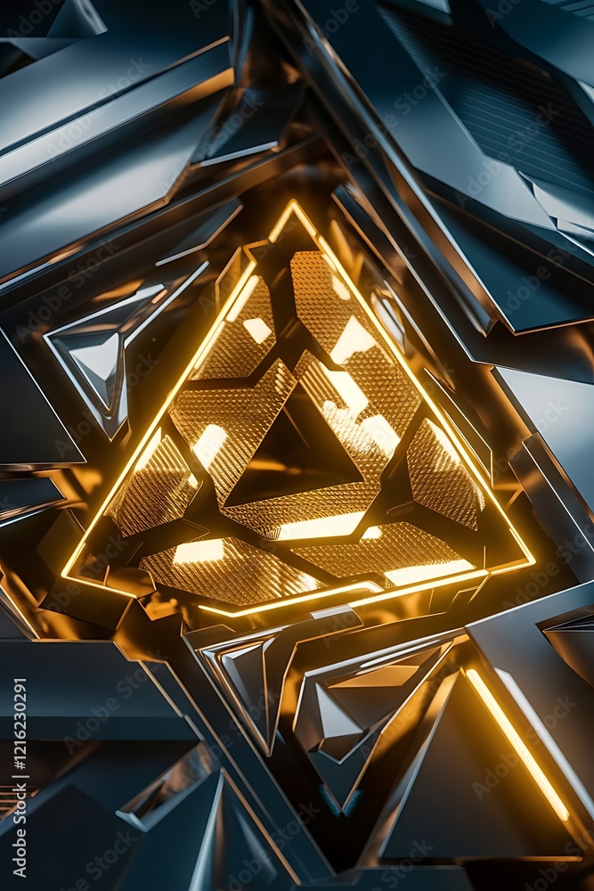 Aufkleber abstract 3d metallic technology background with neon light golden glowing a combination triangle pat