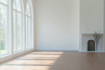 Bright and spacious interior with large windows and minimalist decor