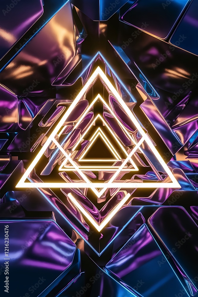 Aufkleber abstract 3d metallic technology background with neon light golden glowing a combination triangle pat