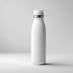 A front-facing shot of a floating white water tumbler bottle in 3D mockup, showcasing intricate details like a polished cap and subtle branding lines. 