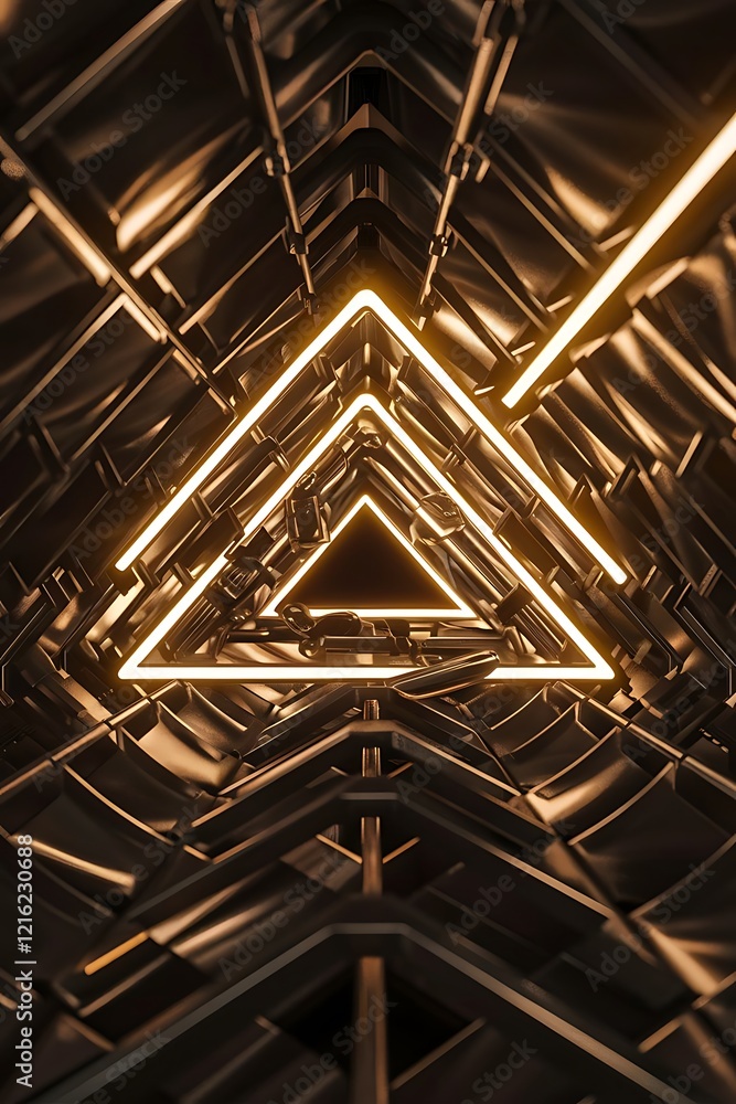 Aufkleber abstract 3d metallic technology background with neon light golden glowing a combination triangle pat