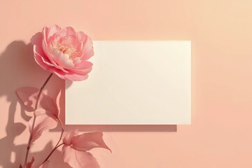 Blank paper card with copy space, peony flower with sunlight shadows on peach background. Top view, flat lay minimalist aesthetic luxury with copy space