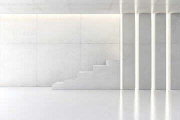 Obraz premium Modern minimalist interior design featuring concrete walls and illuminated stairs in a spacious area