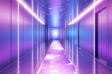 Fototapeta premium A futuristic hallway with sleek metallic walls and glowing panels, where a starry path glides above the floor, leading to a distant portal. -