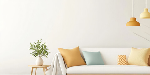 Stylish living room with colorful cushions and modern lighting in a minimalist design