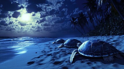Obraz premium A serene night scene depicting several sea turtles on a sandy beach under a full moon.