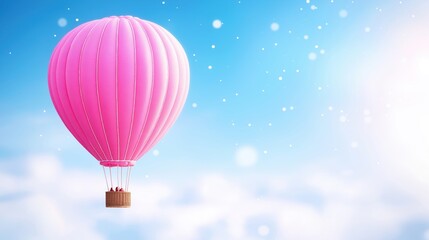 Obraz premium A vibrant pink hot air balloon floats above fluffy clouds under a bright blue sky, creating a serene and whimsical atmosphere.