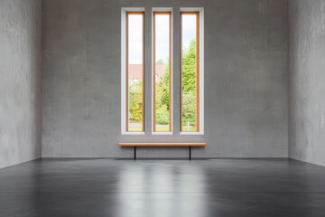 Minimalist interior design features concrete walls and a bench by large windows