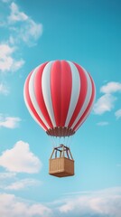 Obraz premium A vibrant hot air balloon with red and white stripes floats against a clear blue sky, embodying adventure and freedom.