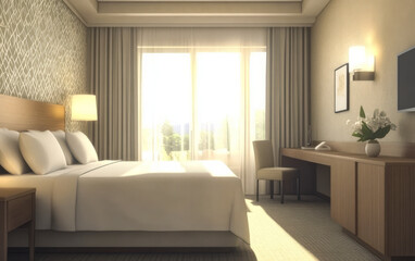 Fototapeta premium Bright and modern hotel room with a serene view during daytime