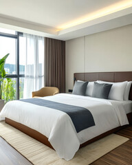 Fototapeta premium Modern bedroom with large window and natural light in a stylish apartment