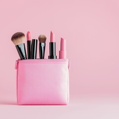 A stylish pink makeup bag filled with various brushes and lip products against a soft pink background.