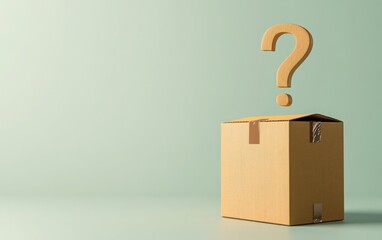 3D rendering of a cardboard box with a question mark icon floating above it on a light pastel green background. 
