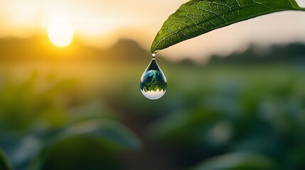 Surreal Reflection of Earth Captured in Water Droplet at Sunrise on Leaf with Vibrant Background