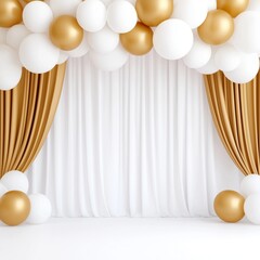 A festive backdrop featuring white curtains and a decorative arrangement of gold and white balloons.