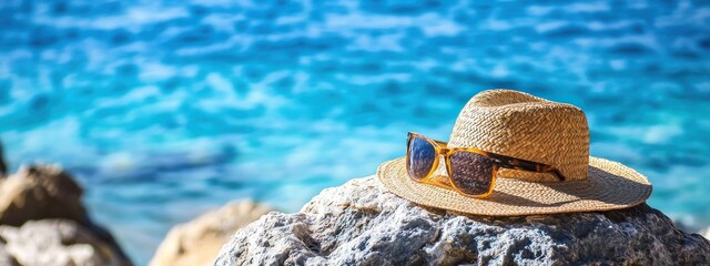 Un chapeau de paille et des lunettes de soleil sur un rocher, mer bleu en arrière-plan, concept de vacances et de voyage.
