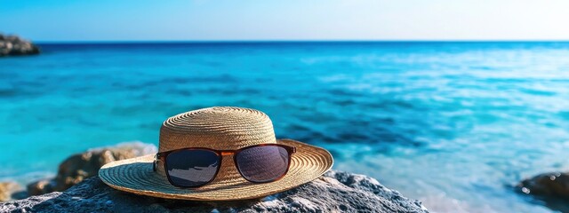 Vacances à la mer, un chapeau de paille et des lunettes de soleil sur un rocher, mer cristalline en arrière-plan, concept de voyage.