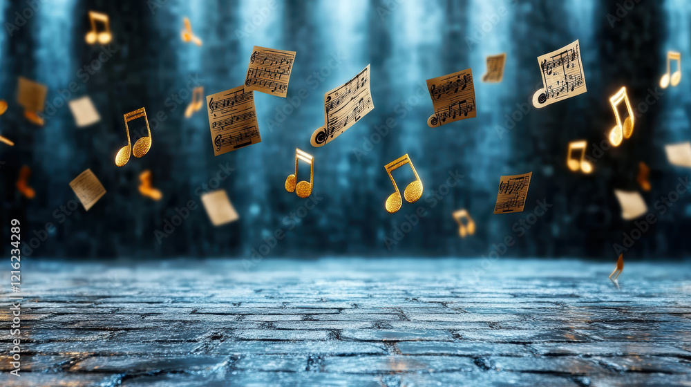 Poster floating musical notes create vibrant atmosphere in mystical setting
