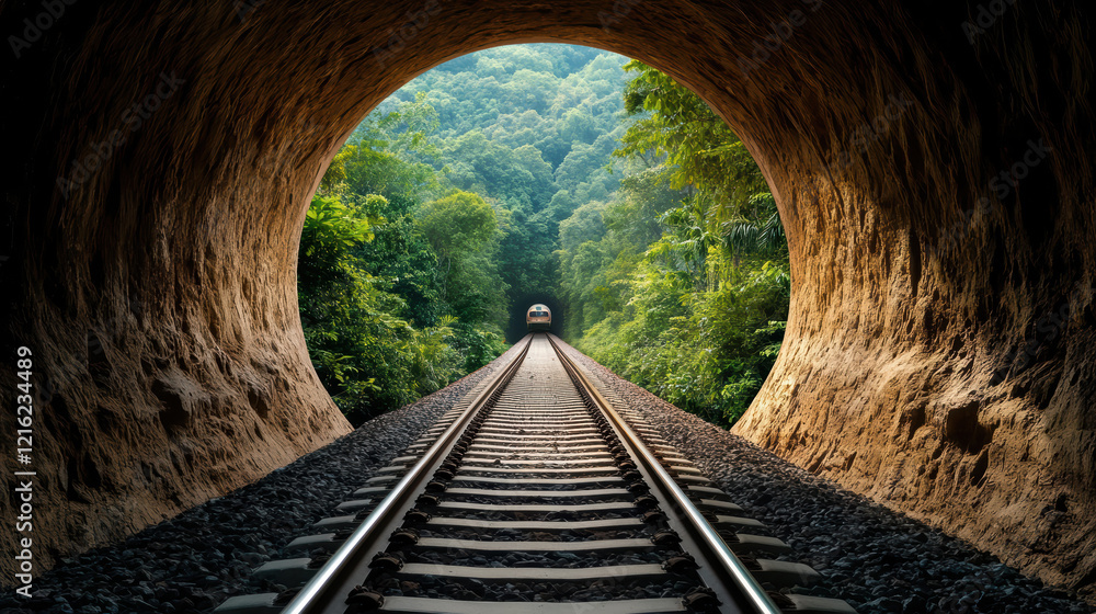 Poster train speeds through tunnel surrounded by lush greenery, creating captivating view
