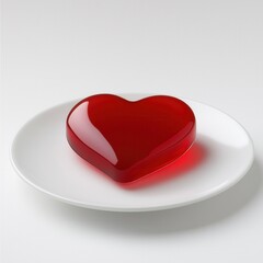 A shiny red heart-shaped jelly sits on a white plate, symbolizing love and affection in a playful, sweet presentation.