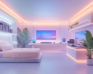 Modern Bedroom with Pink LED Lighting and Gaming Setup.