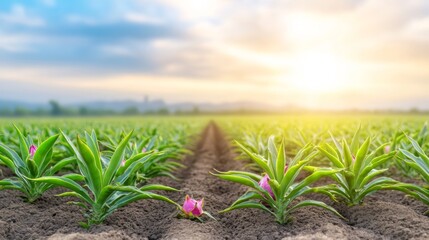 Sunrise over a Field of Blooming Pineapple Plants.
