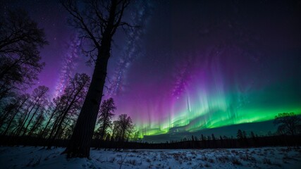 Obraz premium Vibrant Purple and Green Aurora Over a Tree Line