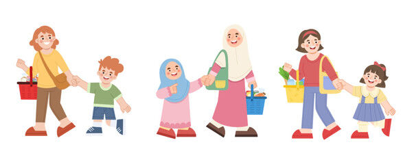 Illustration set of mother and children shopping