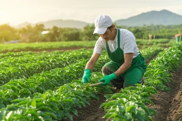 Farmer Cultivating Pepper Plants in a Field