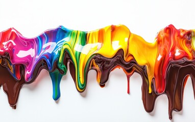 Naklejka premium Shiny, dripping chocolate wave with mixed rainbow colors, glossy finish, isolated on bright white