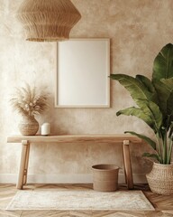 Bohemian Chic Interior Design: Wooden Bench, Neutral Tones, Pampas Grass, and Tropical Plant