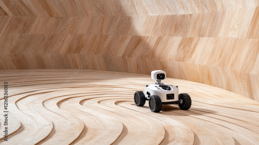 Poster bomb disposal robot navigating through maze of wooden patterns
