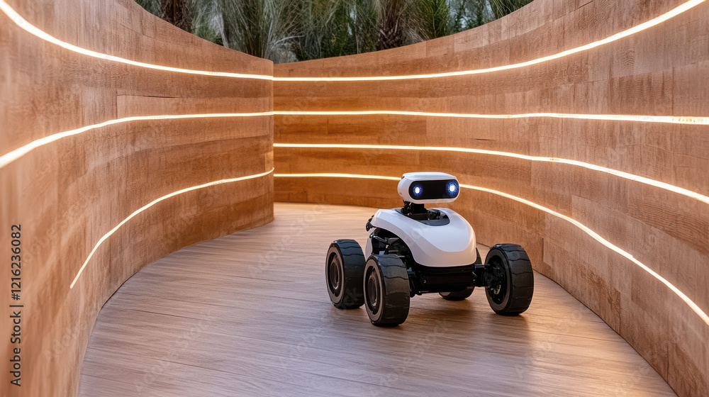 Poster robot navigating modern maze with glowing lines, showcasing technology