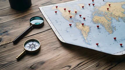 Antique Wooden Desk with Open World Map and Magnifying Glasses on a Rustic Surface