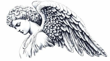 Detailed Pen and Ink Illustration of an Angel with Folded Wings and Downcast Gaze