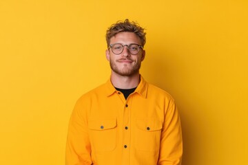 Fototapeta premium Portrait of smiling young man wearing glasses and yellow shirt on yellow background