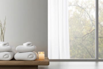 Relaxing spa setting with soft towels and candles by a large window