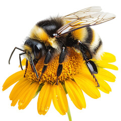 Macro Image of a Bumblebee on a Yellow Flower Gathering Honey Isolated on White Background 