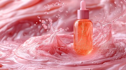 Pink Serum Dropper Bottle Surrounded by Splashing Liquid Waves