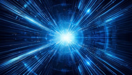 Hyperspace tunnel radiating energy and light, with bright stars illuminating the blue explosion. A futuristic concept.