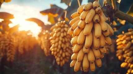 Banana bunch grows in farm with sunset, food blog or agricultural use.