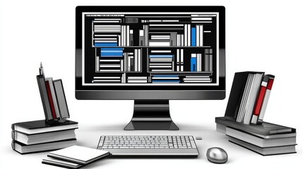 Obraz premium Digital Library Computer Screen Displaying a Virtual Bookshelf with Physical Books