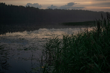 Sunset, twilight on a forest lake. Night landscape