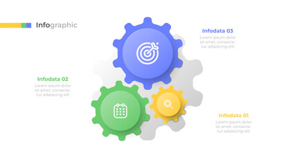 3 Step Gear Workflow Diagram. Minimalist infographic template. Can be used for annual report, info chart, presentation layout. Vector illustration.