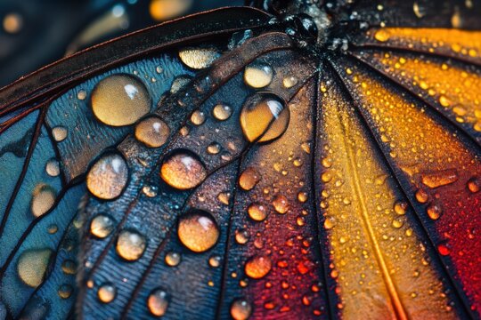 Butterfly wings with dewdrops, extreme macro, prismatic light separation