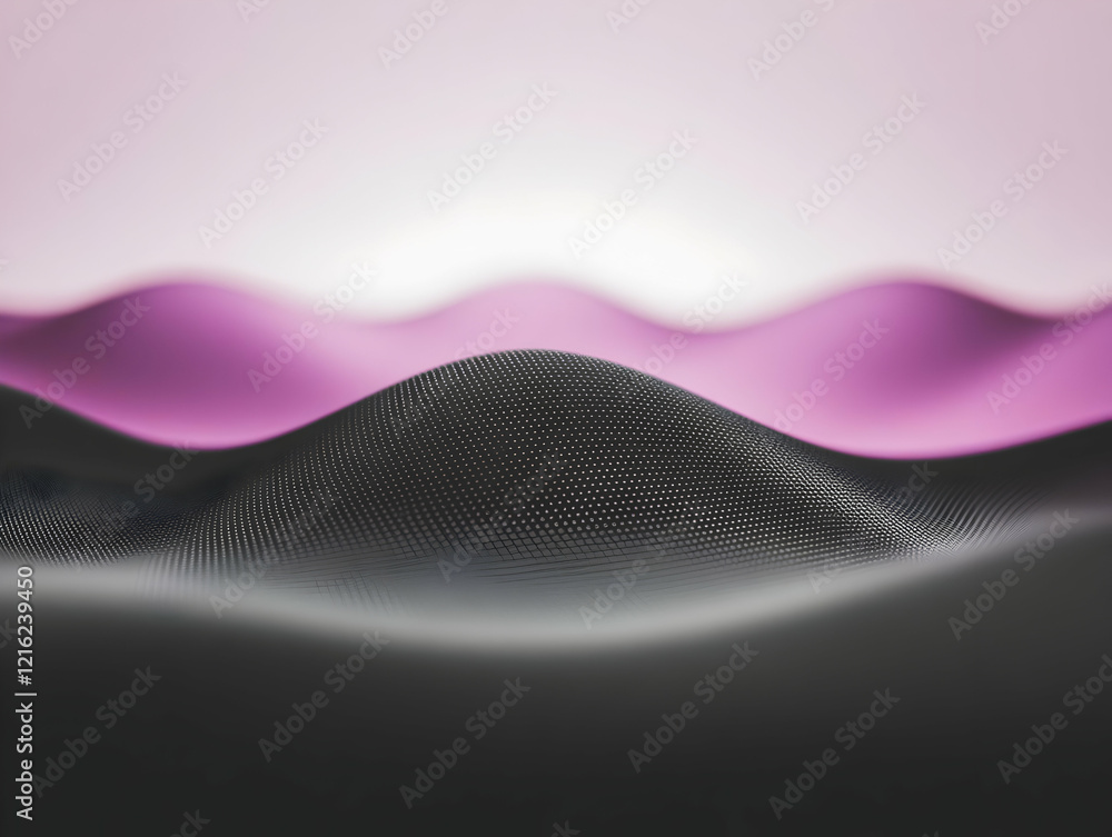 Poster abstract 3d landscape forms a dotted mesh with a soft pink and gray gradient background.