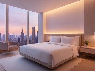 Luxury Hotel Room with City Skyline View at Sunset.