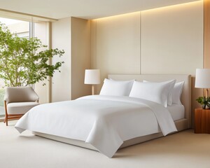 Minimalist Modern Bedroom Interior Design with White Bedding and Natural Light.