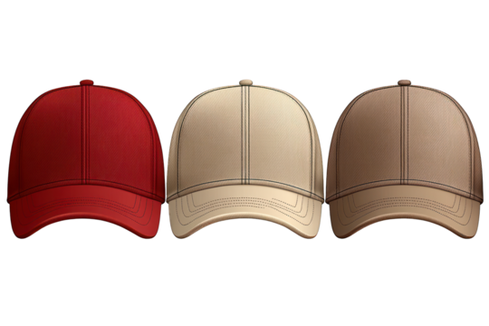 Three baseball caps in red, beige, and light brown, showcasing simple design and style.