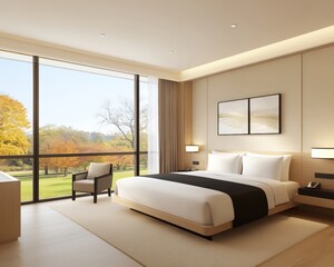 Luxurious Hotel Room with Autumn View.